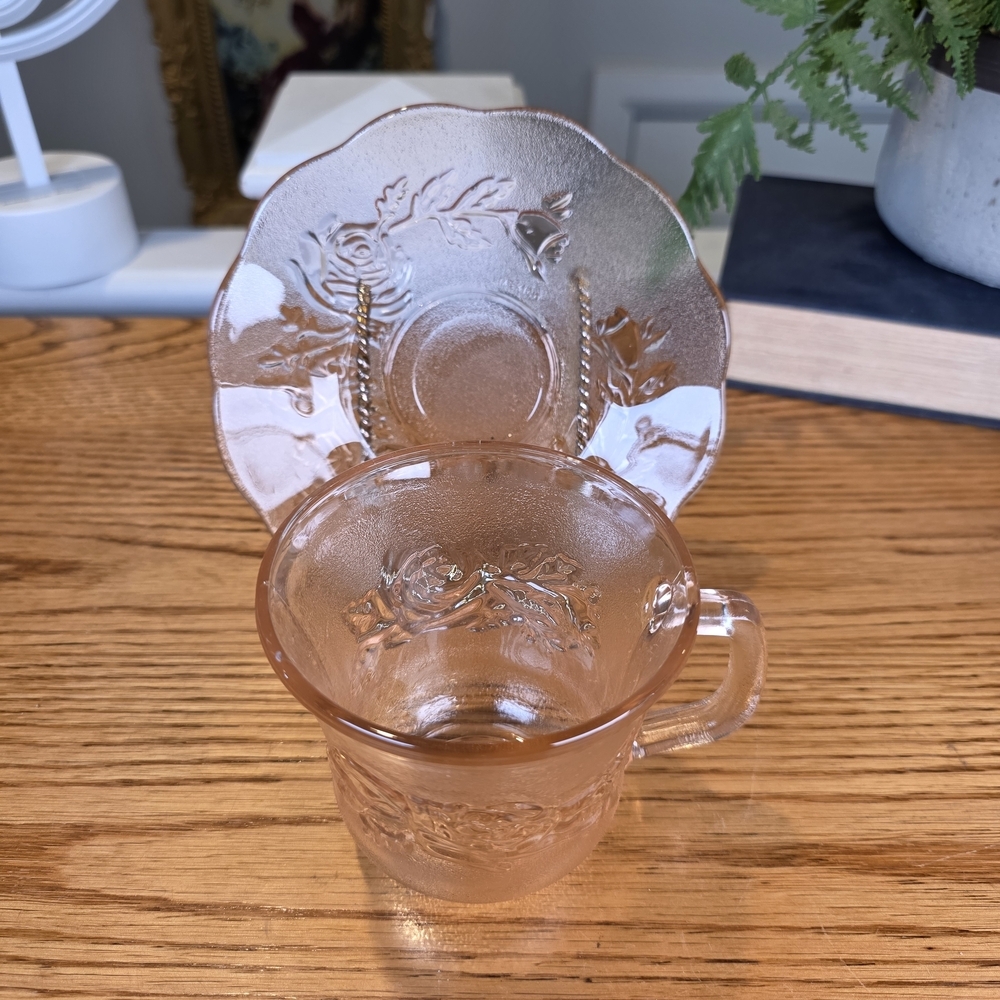 Vintage Pink Satin Glass Rose Mug & Saucer Set | Anchor Hocking Fire-King